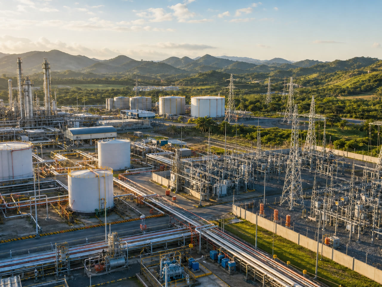 Vista aérea de una instalación petrolera y eléctrica industrial